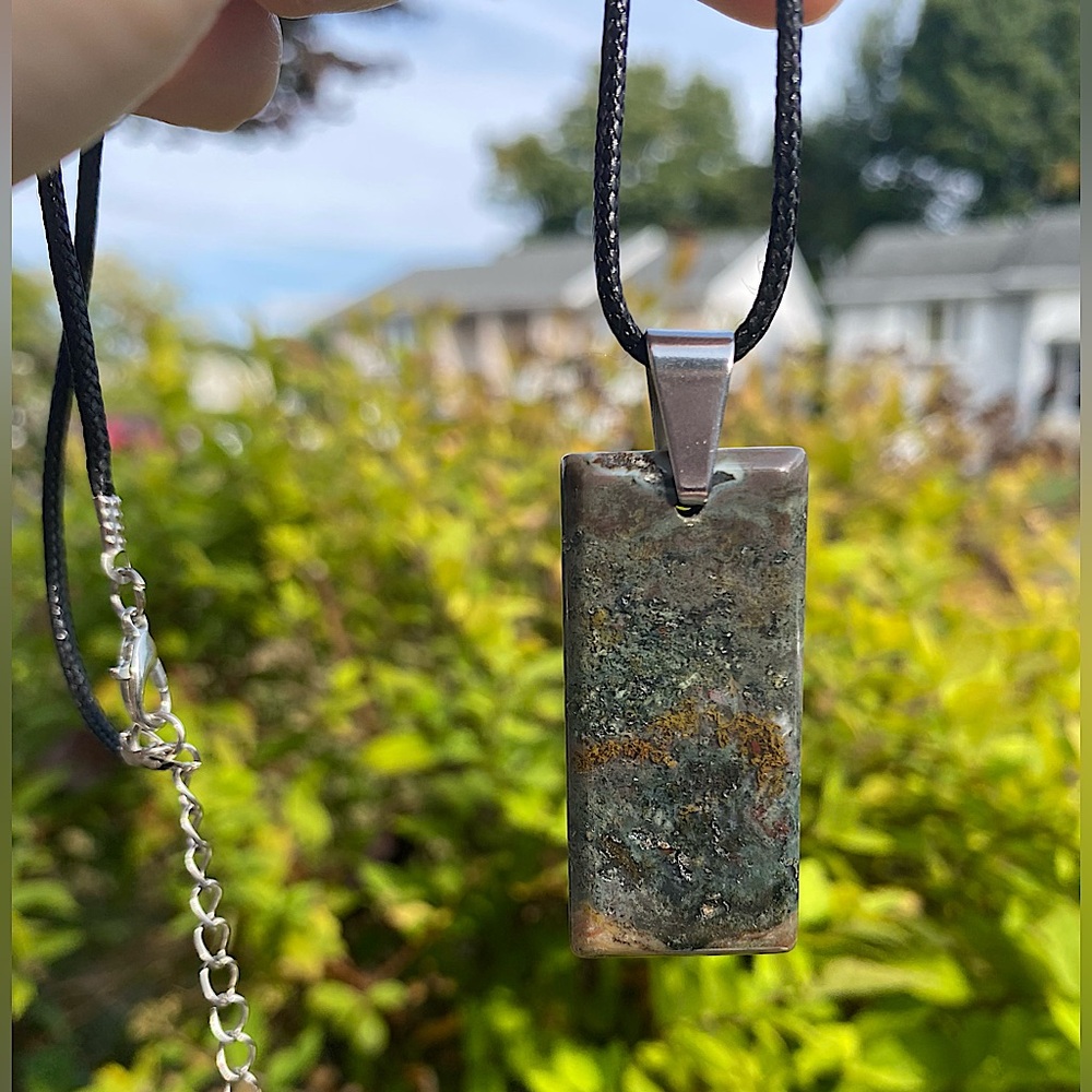 Moss Agate Rectangular Pendant Necklace